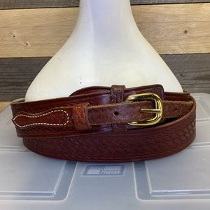 Leather belt brown tooled braided solid brass buckle size 46 western fisherman